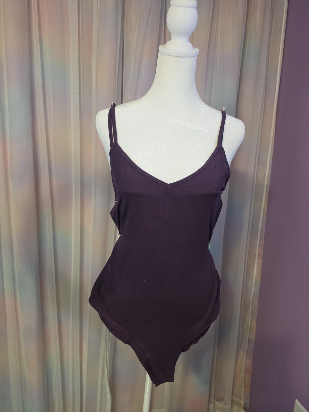 Mandiup V-Neck Deep Grape V Neck Spaghetti Strap Bodysuit Leotard Size Small